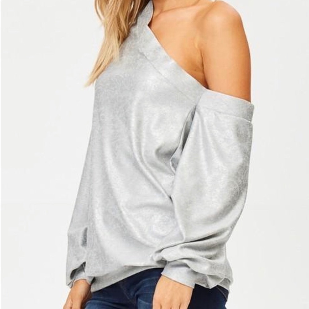 One Shoulder Silver Metallic Top